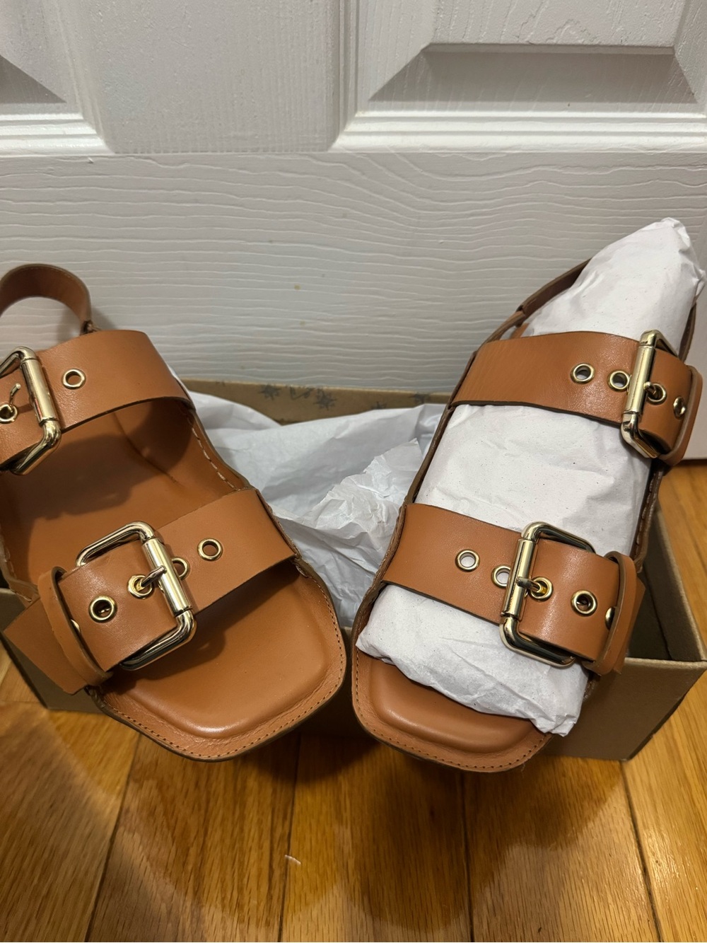 Free People Tan Leather Double-Buckle Sandals